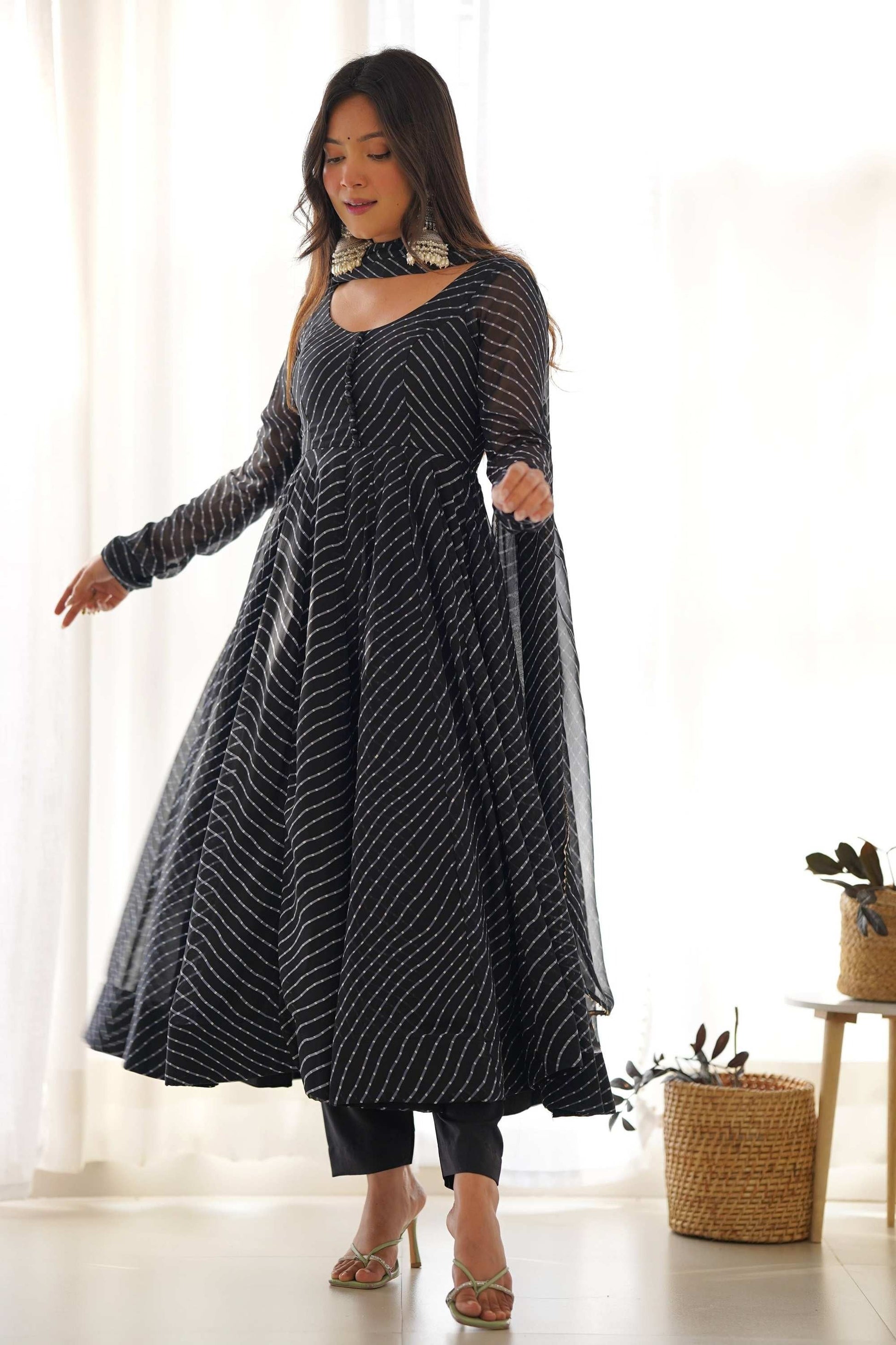 STUNNING BLACK LAHERIYA PRINT GEORGETTE ANARKALI SUIT WITH DUPATTA
