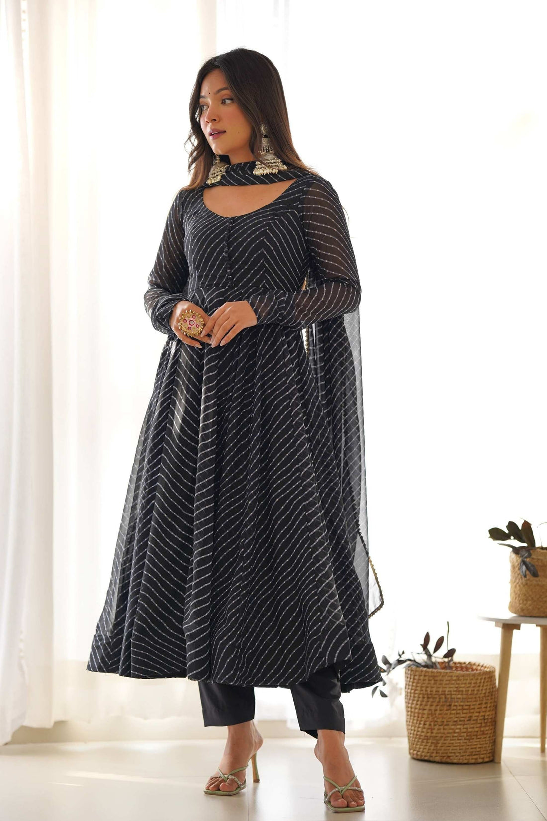 STUNNING BLACK LAHERIYA PRINT GEORGETTE ANARKALI SUIT WITH DUPATTA