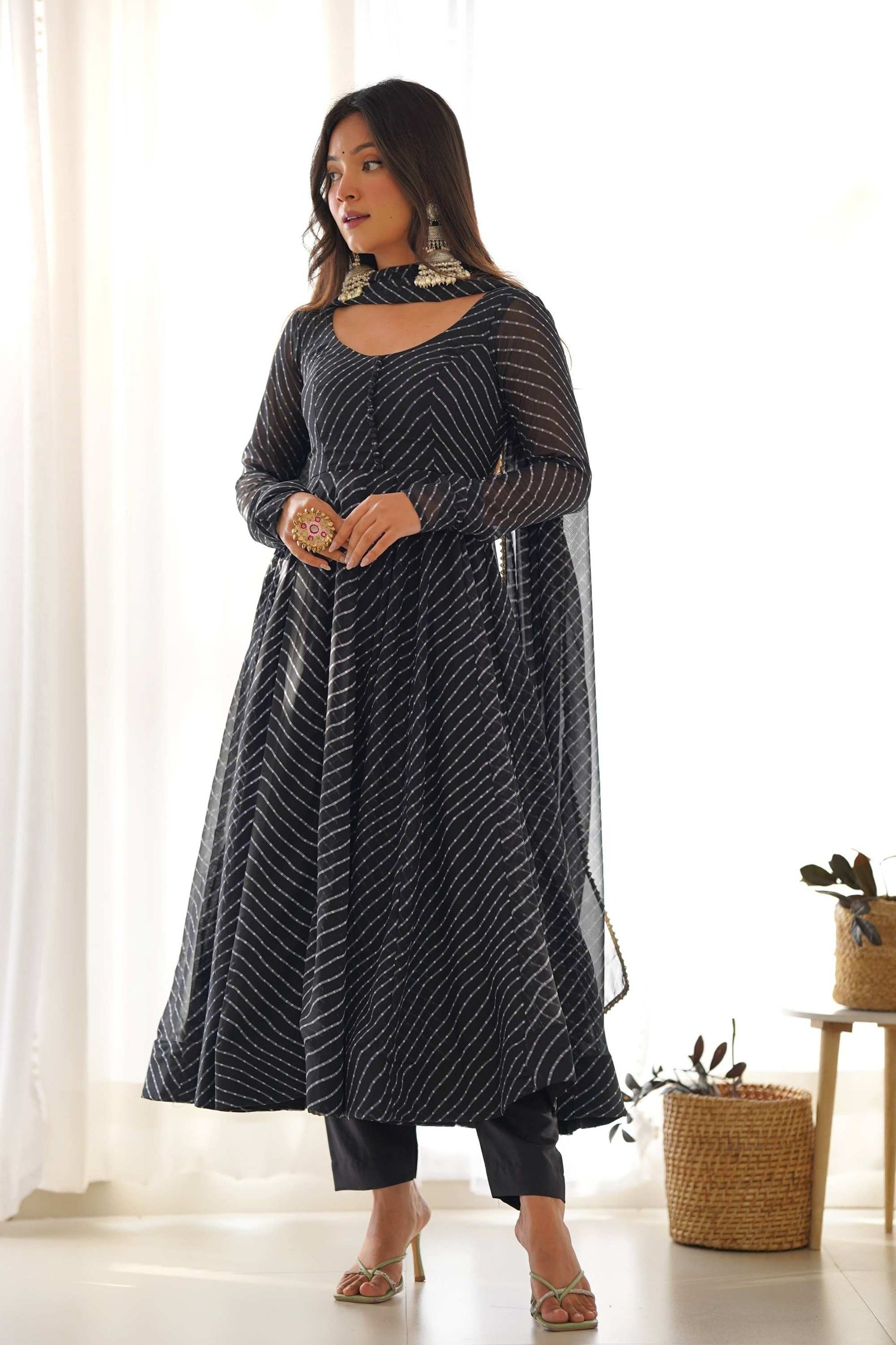 STUNNING BLACK LAHERIYA PRINT GEORGETTE ANARKALI SUIT WITH DUPATTA