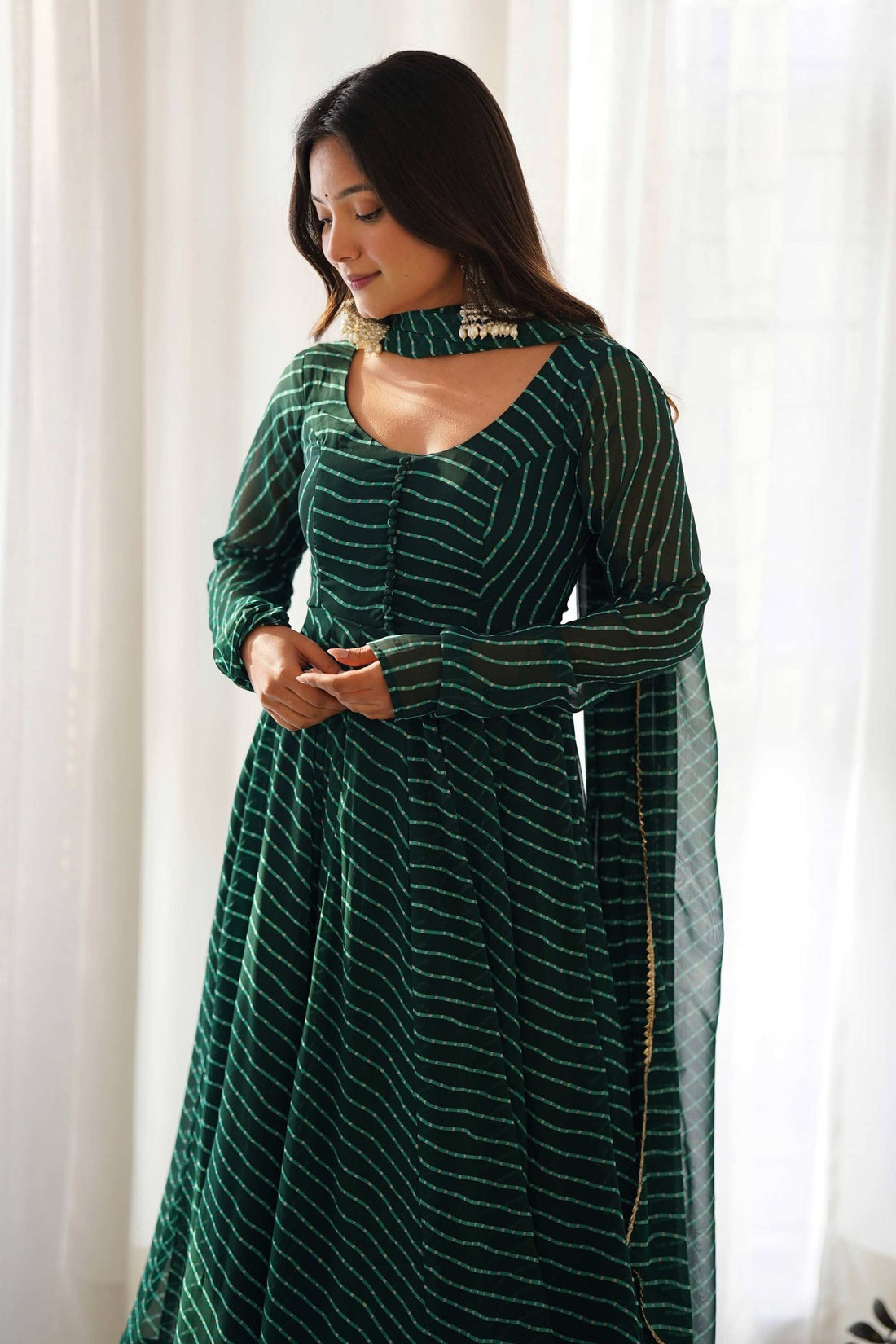 EXQUISITE BOTTLE GREEN KAHERIYA PRINT GEORGETTE ANARKALI SUIT WITH DUPATTA