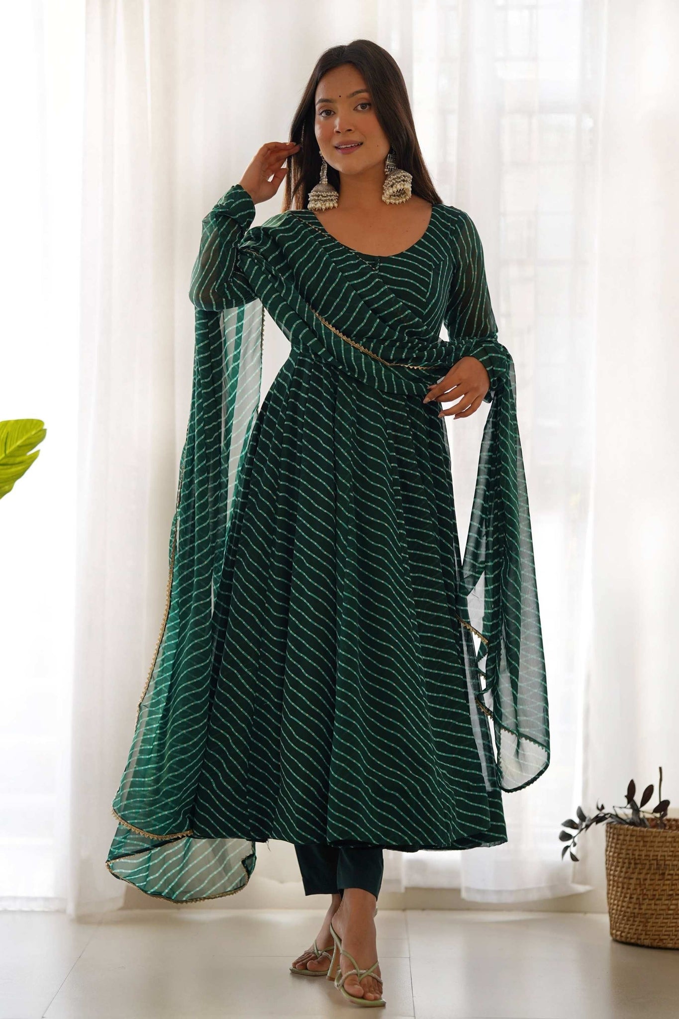 EXQUISITE BOTTLE GREEN KAHERIYA PRINT GEORGETTE ANARKALI SUIT WITH DUPATTA