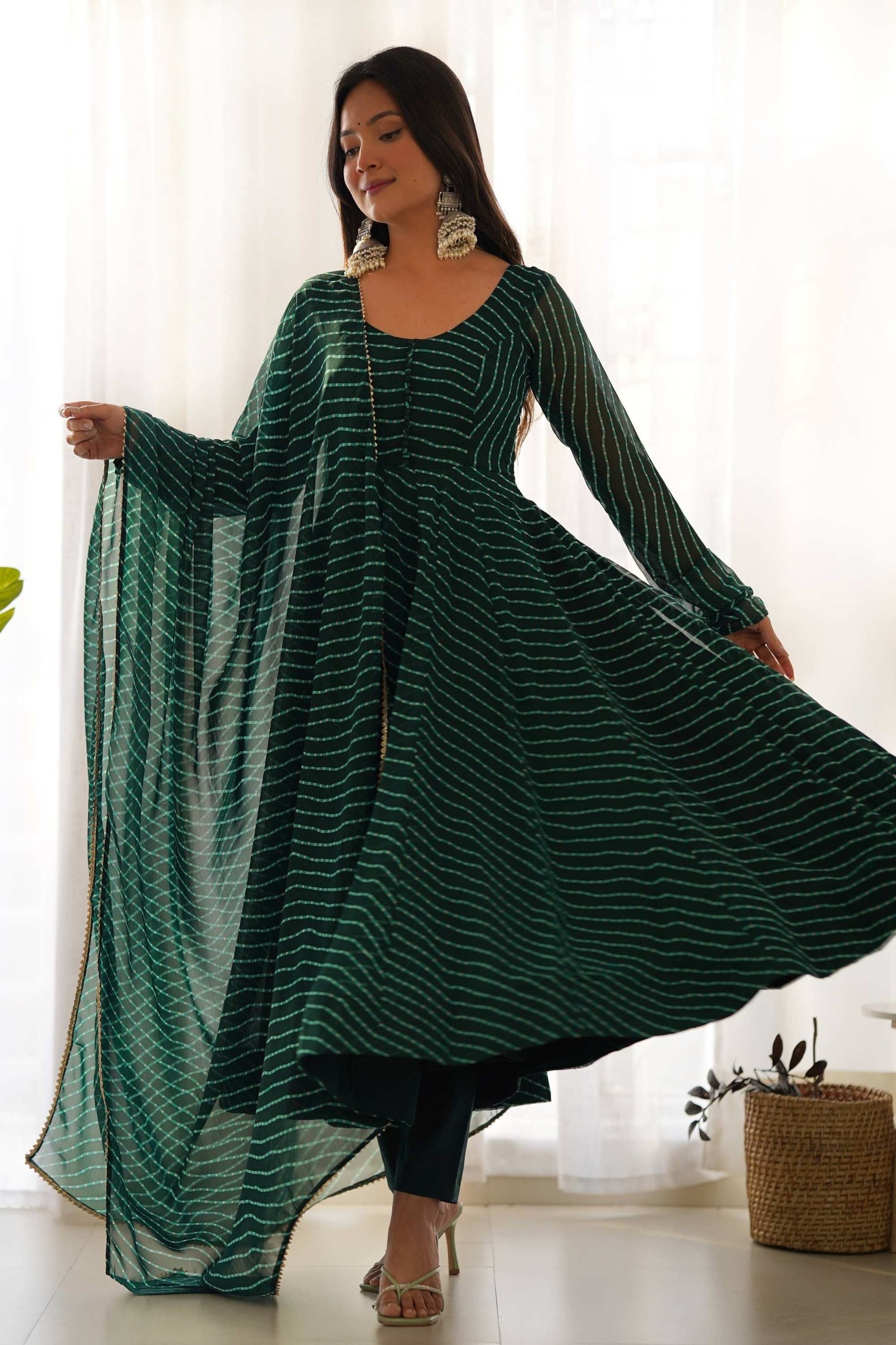 EXQUISITE BOTTLE GREEN KAHERIYA PRINT GEORGETTE ANARKALI SUIT WITH DUPATTA