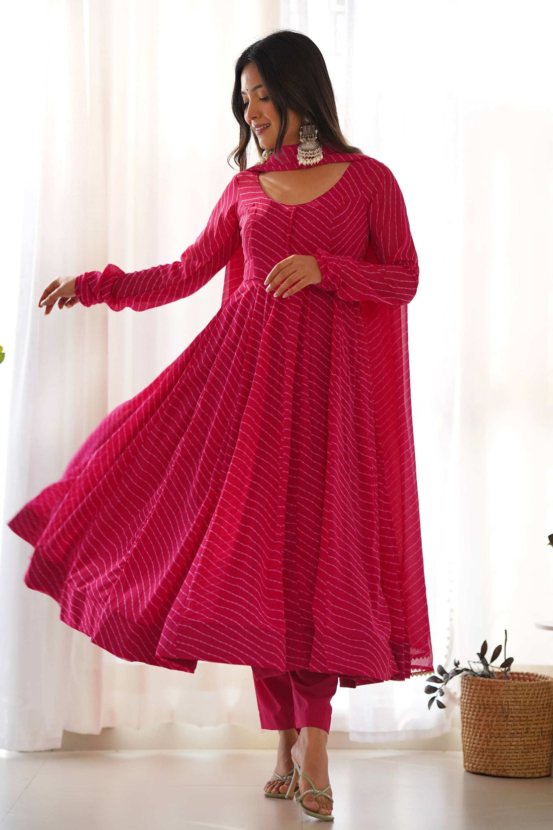 VIBRANT RANI PINK GEORGETTE LAHERIYA PRINT ANARKALI SUIT WITH DUPATTA