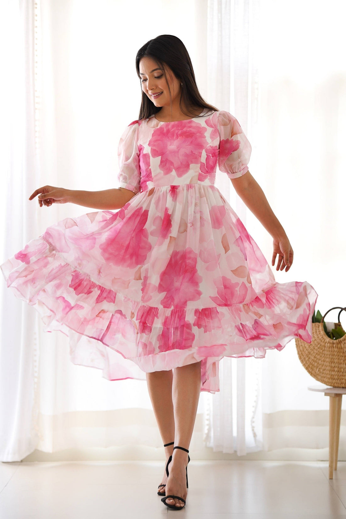 WHITE FLORAL GEORGETTE ONE-PIECE DRESS