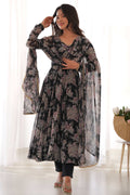 BLACK FLORAL GEORGETTE ANARKALI SUIT SET WITH DUPATTA
