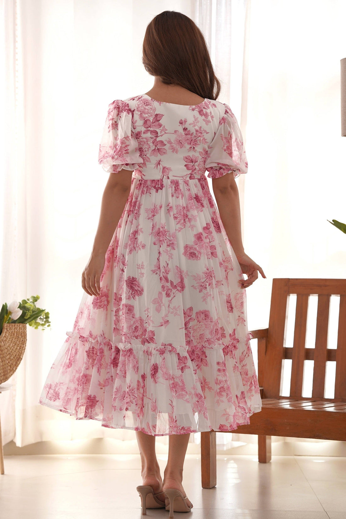 ELEGANT WHITE SOFT GEORGETTE ONE-PIECE DRESS WITH WINE FLORAL PRINT