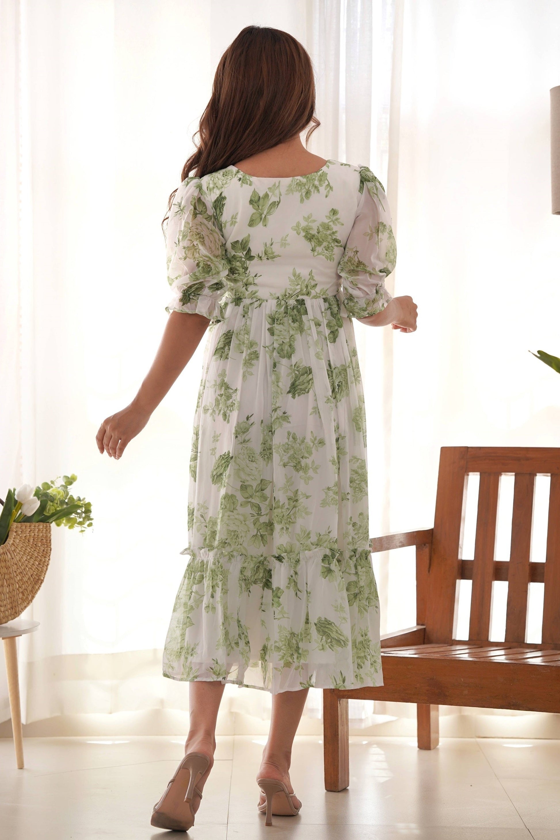 ELEGANT WHITE SOFT GEORGETTE ONE-PIECE DRESS WITH GREEN FLORAL PRINT