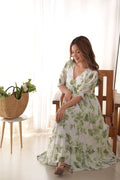 ELEGANT WHITE SOFT GEORGETTE ONE-PIECE DRESS WITH GREEN FLORAL PRINT