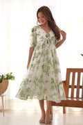 ELEGANT WHITE SOFT GEORGETTE ONE-PIECE DRESS WITH GREEN FLORAL PRINT