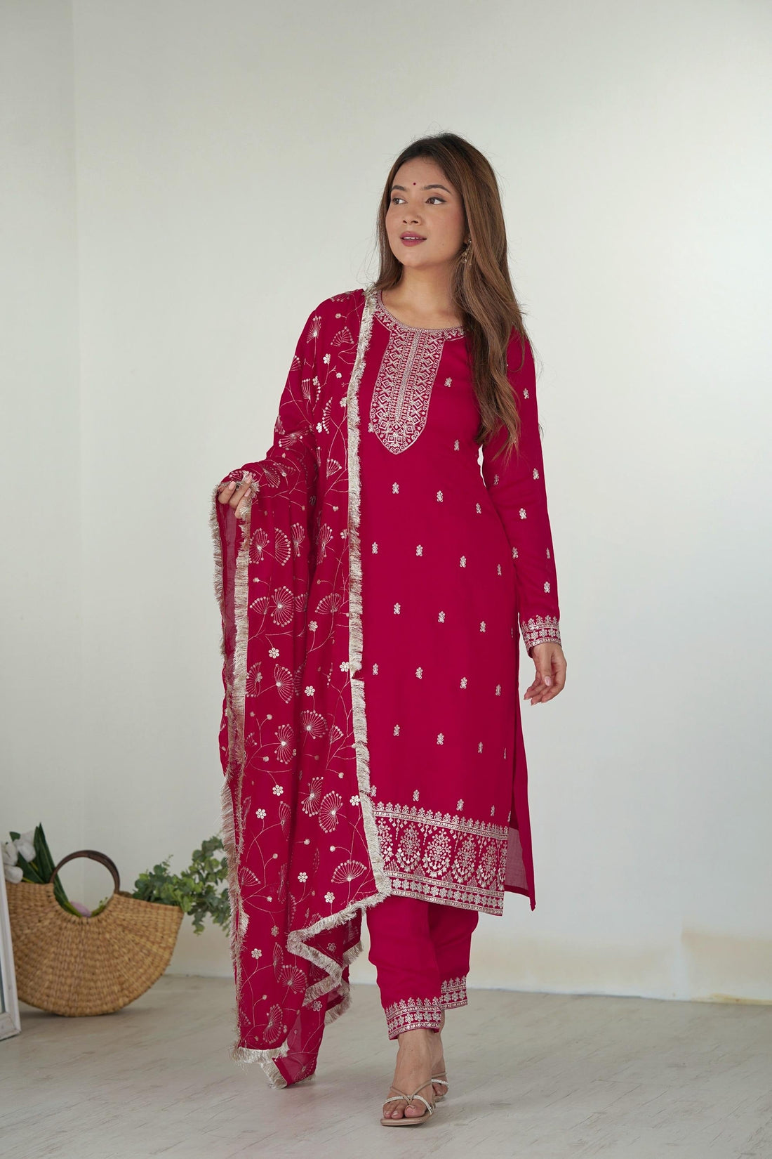 RANI PINK STRAIGHT FIT KURTA WITH DUPATTA SET