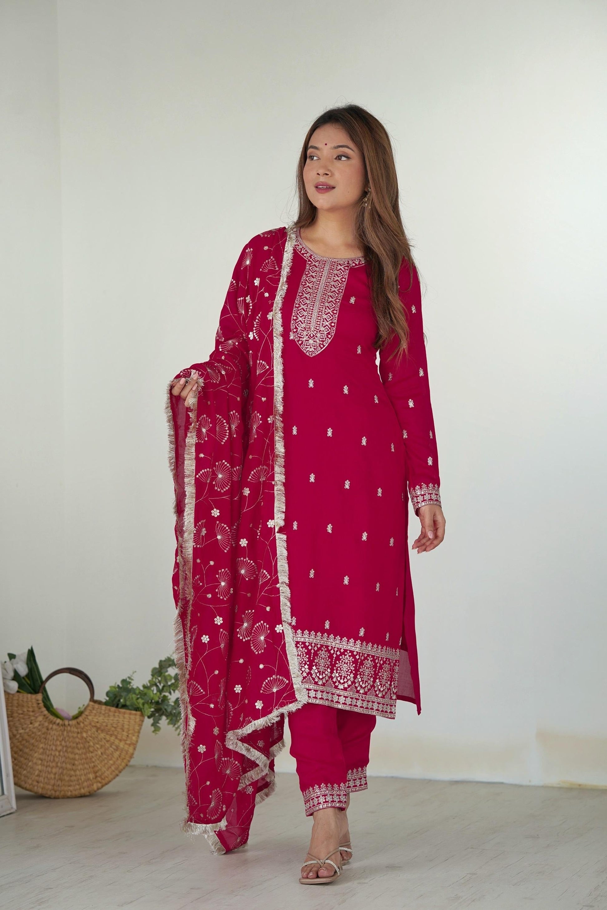 RANI PINK STRAIGHT FIT KURTA WITH DUPATTA SET