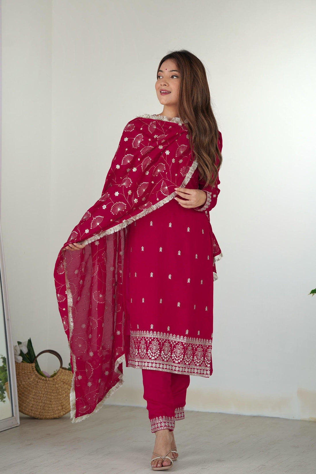 RANI PINK STRAIGHT FIT KURTA WITH DUPATTA SET
