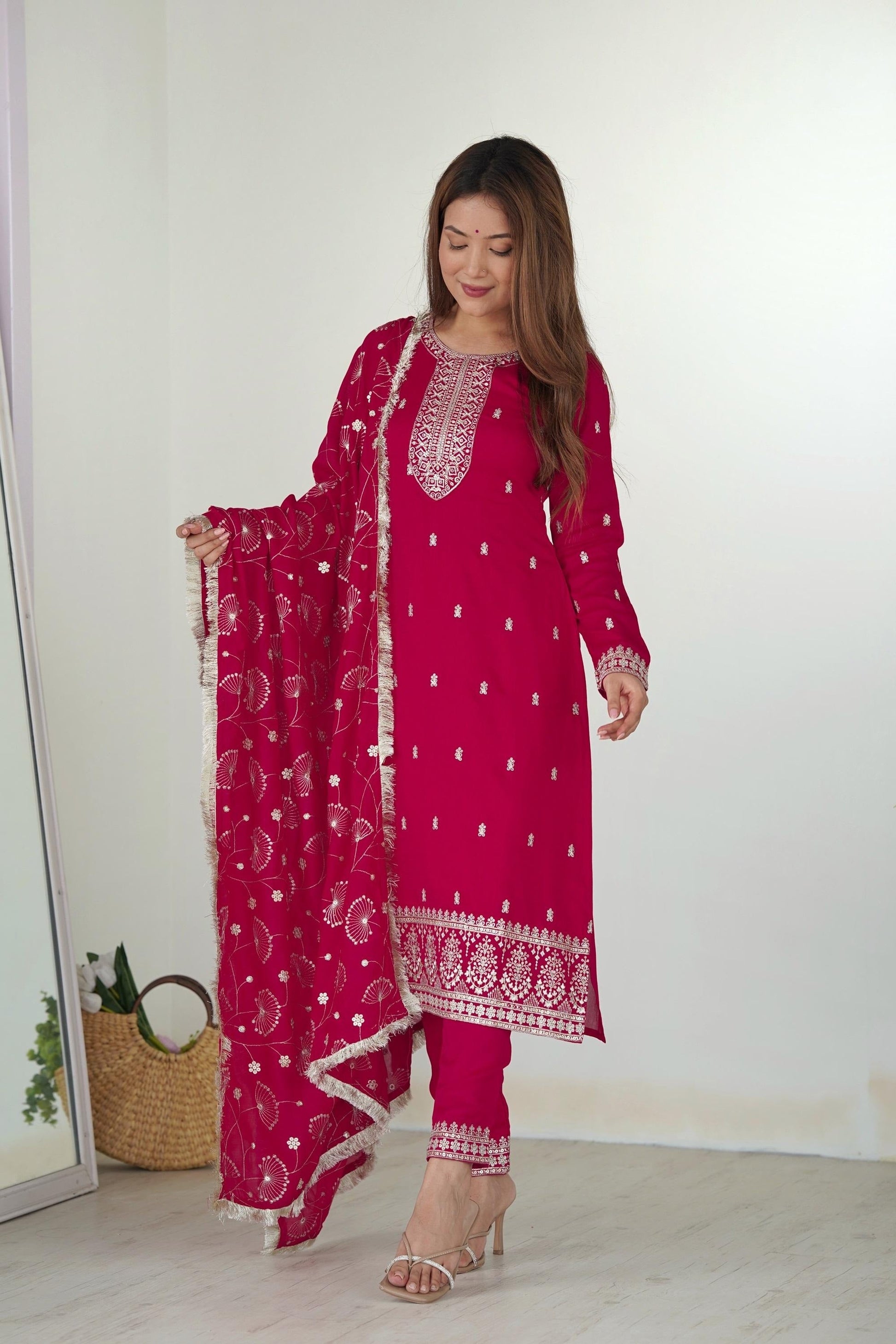 RANI PINK STRAIGHT FIT KURTA WITH DUPATTA SET