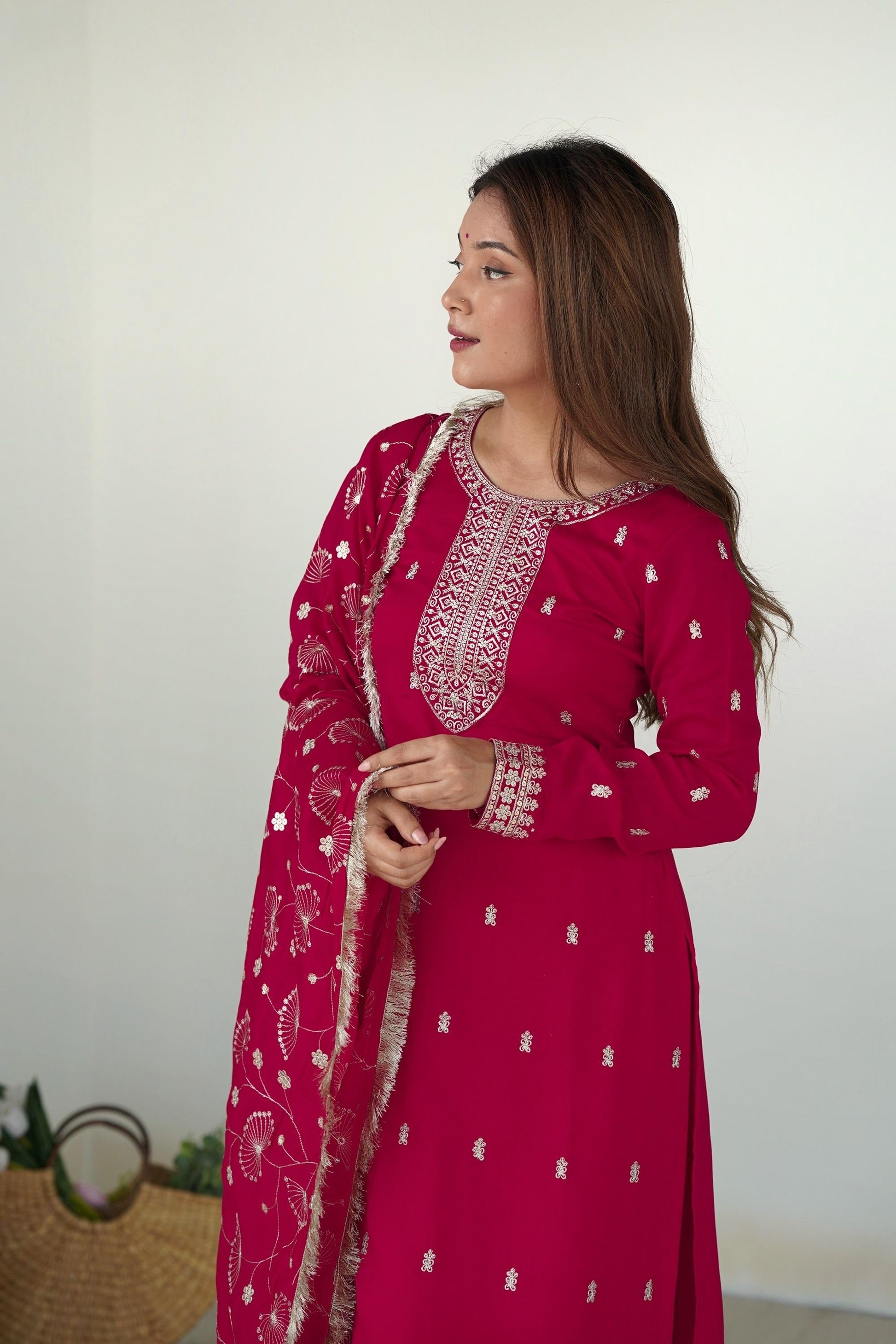 RANI PINK STRAIGHT FIT KURTA WITH DUPATTA SET