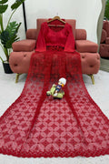 RED COLOR THREAD & SEQUENCE WORK SOFT NET  FABRIC BASE SAREE WITH BLOUSE