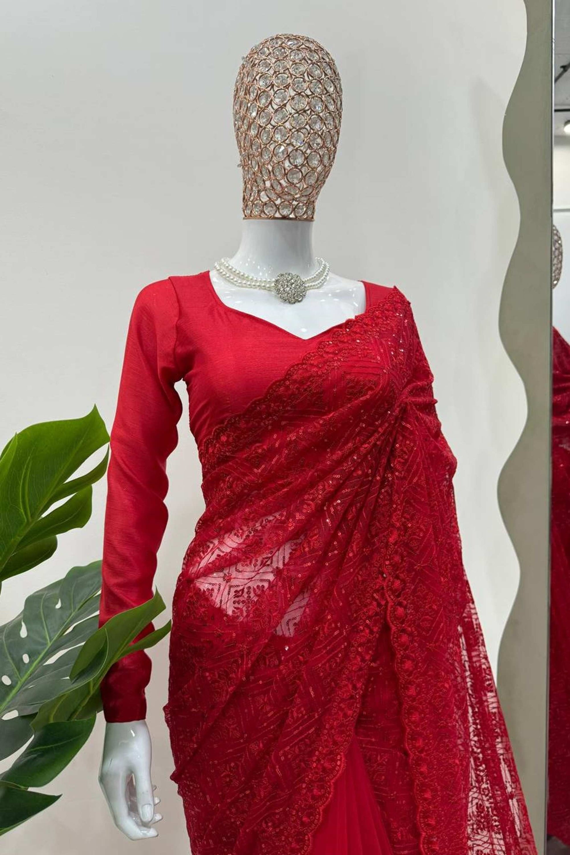 RED COLOR THREAD & SEQUENCE WORK SOFT NET  FABRIC BASE SAREE WITH BLOUSE