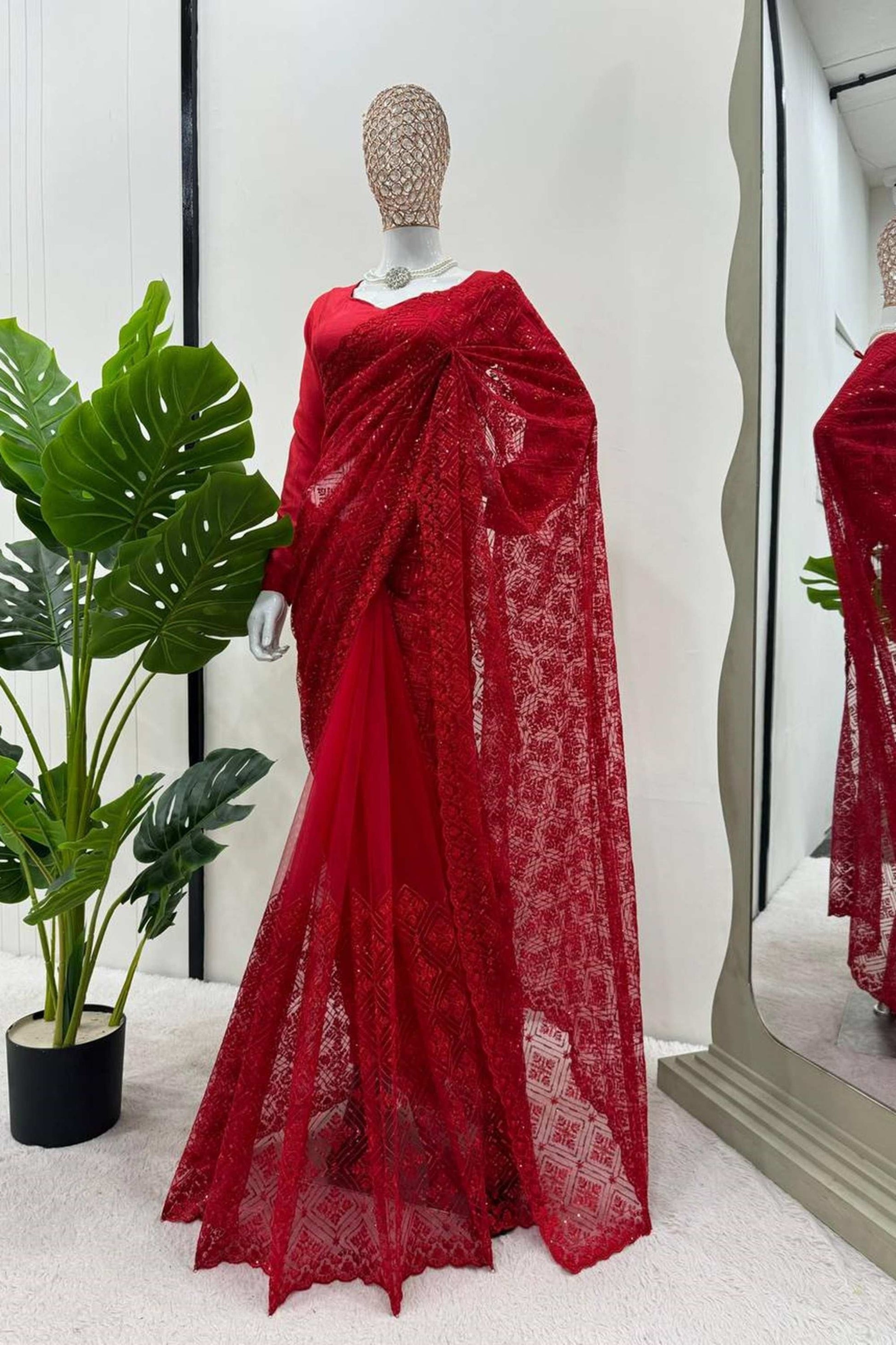 RED COLOR THREAD & SEQUENCE WORK SOFT NET  FABRIC BASE SAREE WITH BLOUSE