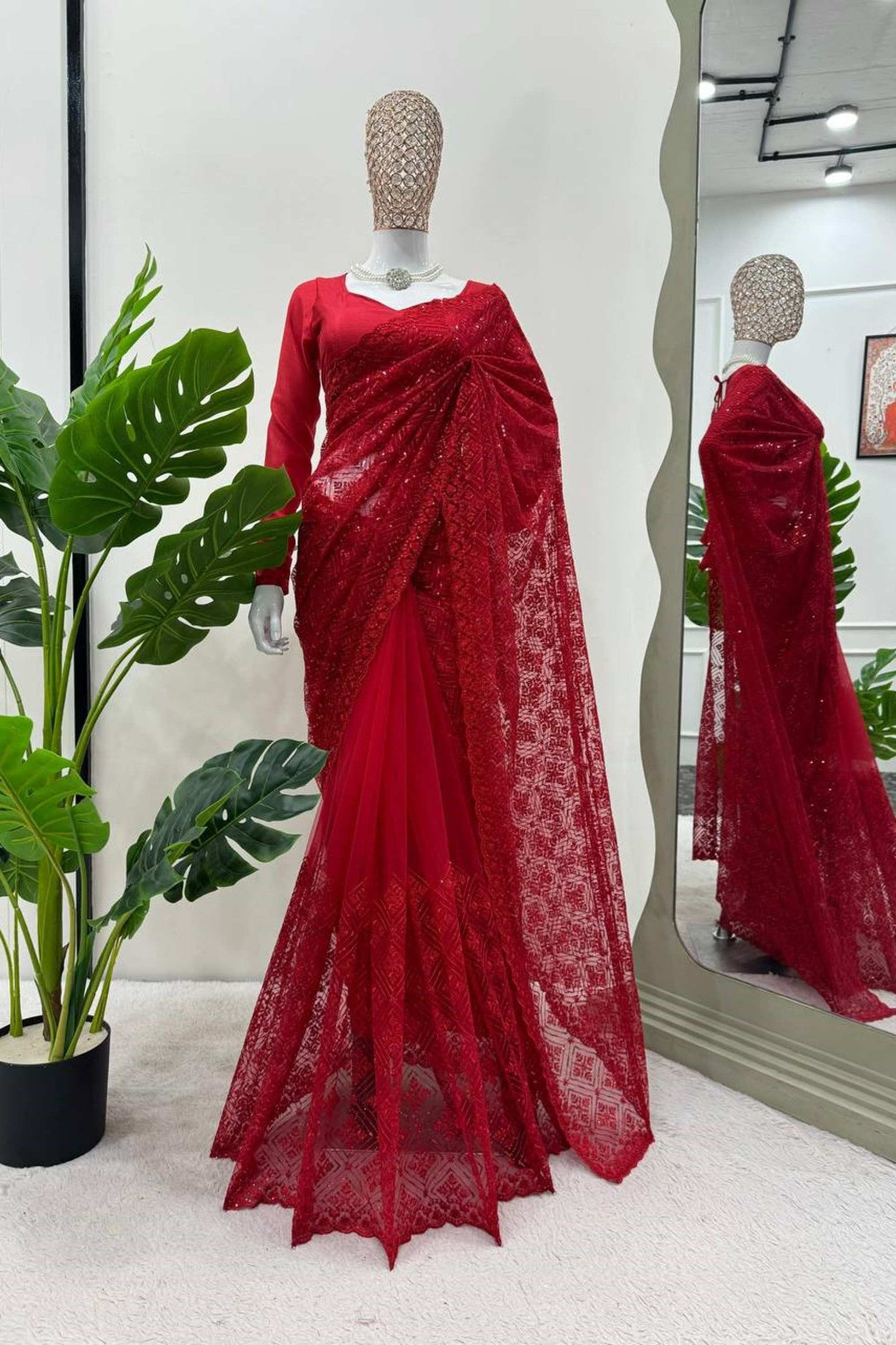 RED COLOR THREAD & SEQUENCE WORK SOFT NET  FABRIC BASE SAREE WITH BLOUSE