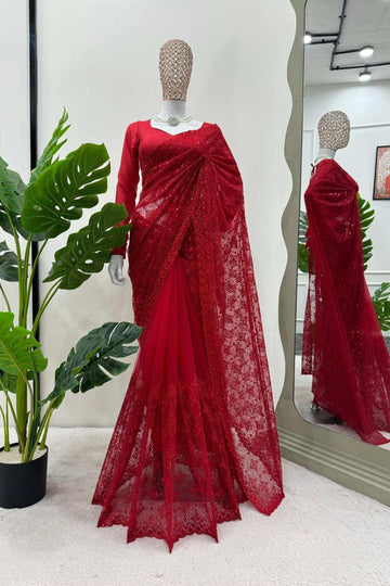 RED COLOR THREAD & SEQUENCE WORK SOFT NET  FABRIC BASE SAREE WITH BLOUSE