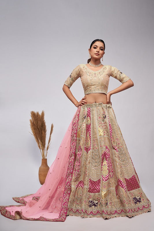 IVORY ORGANZA SILK INTRICATE PAISLEY MOTIFS TRADITIONAL EMBROIDERED WEDDING LEHENGA