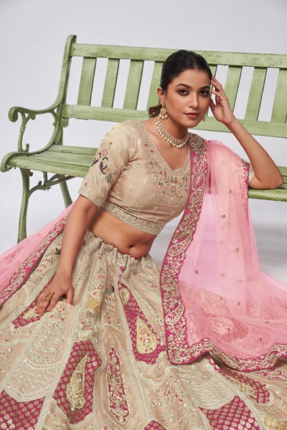 IVORY ORGANZA SILK INTRICATE PAISLEY MOTIFS TRADITIONAL EMBROIDERED WEDDING LEHENGA