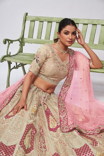 IVORY ORGANZA SILK INTRICATE PAISLEY MOTIFS TRADITIONAL EMBROIDERED WEDDING LEHENGA
