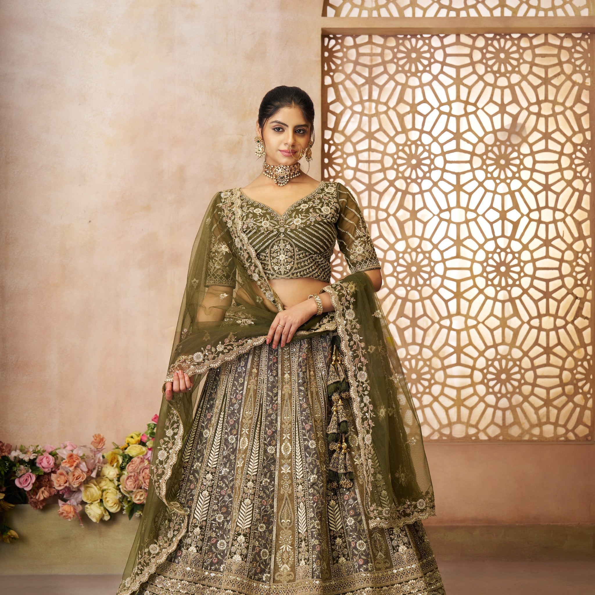 MEHENDI BRIDAL LEHENGA WITH INTRICATE THREAD EMBROIDERY