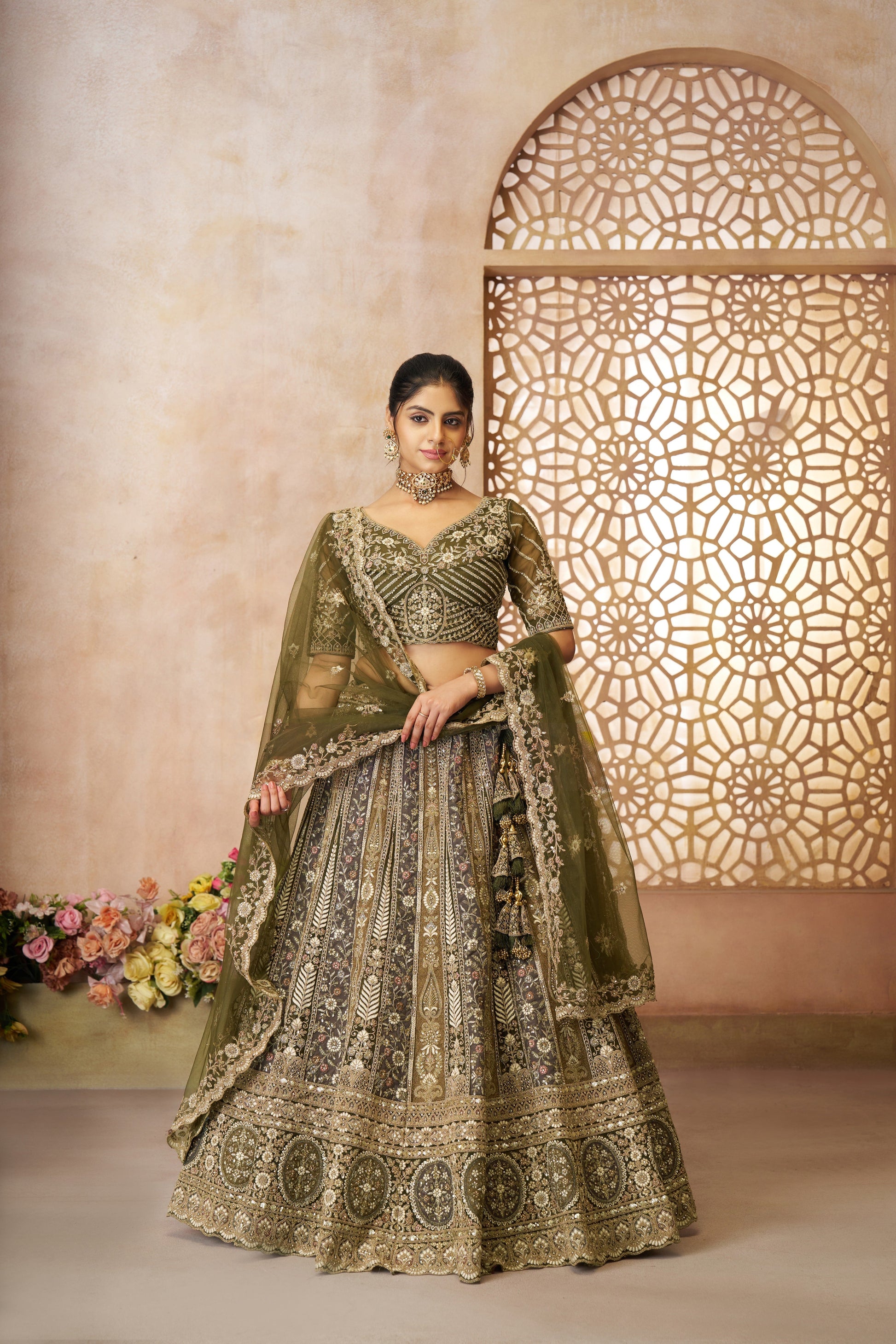MEHENDI BRIDAL LEHENGA WITH INTRICATE THREAD EMBROIDERY