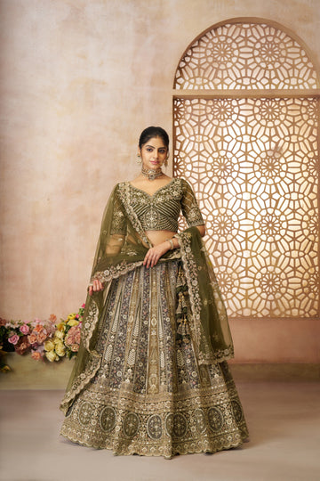 MEHENDI BRIDAL LEHENGA WITH INTRICATE THREAD EMBROIDERY