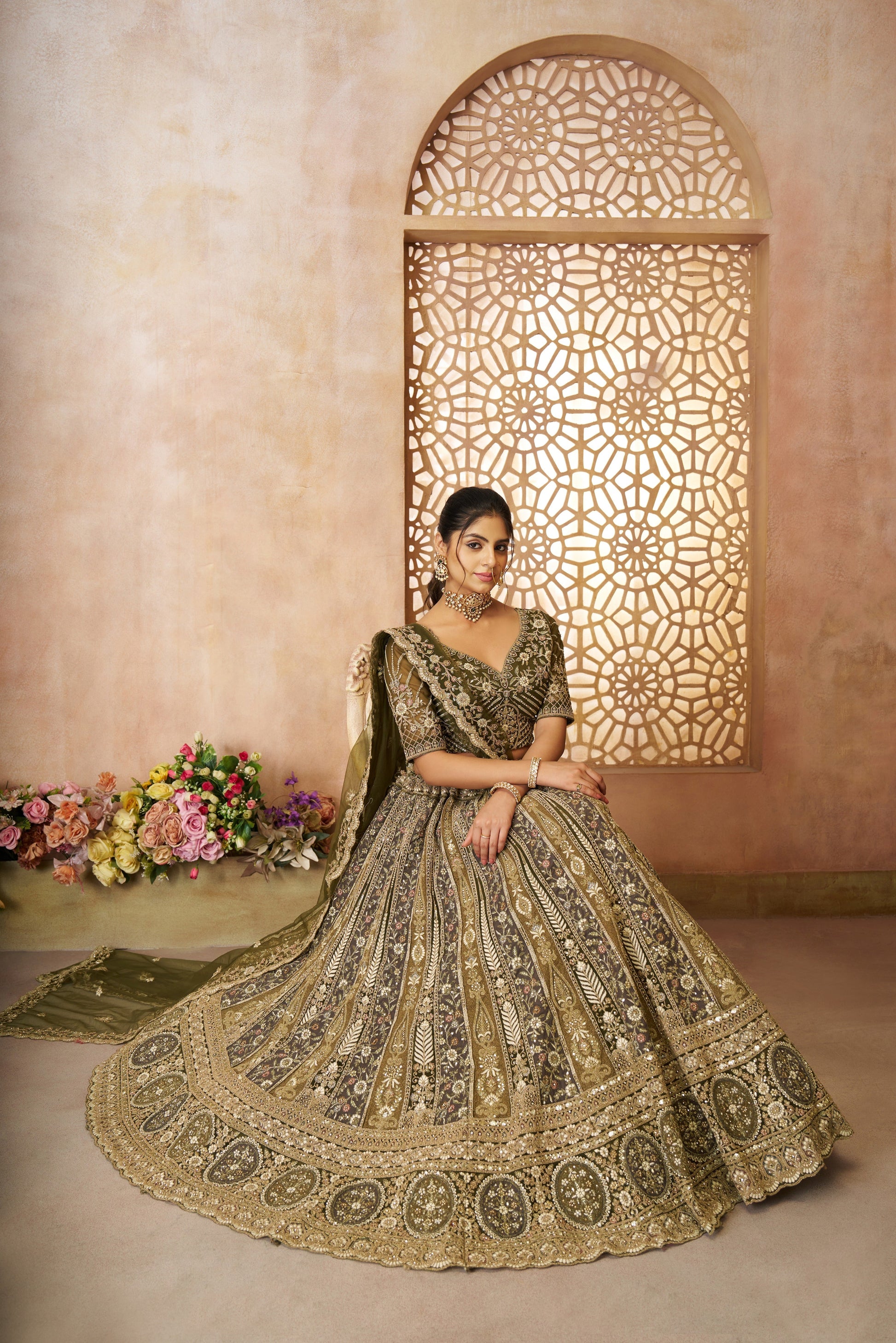 MEHENDI BRIDAL LEHENGA WITH INTRICATE THREAD EMBROIDERY