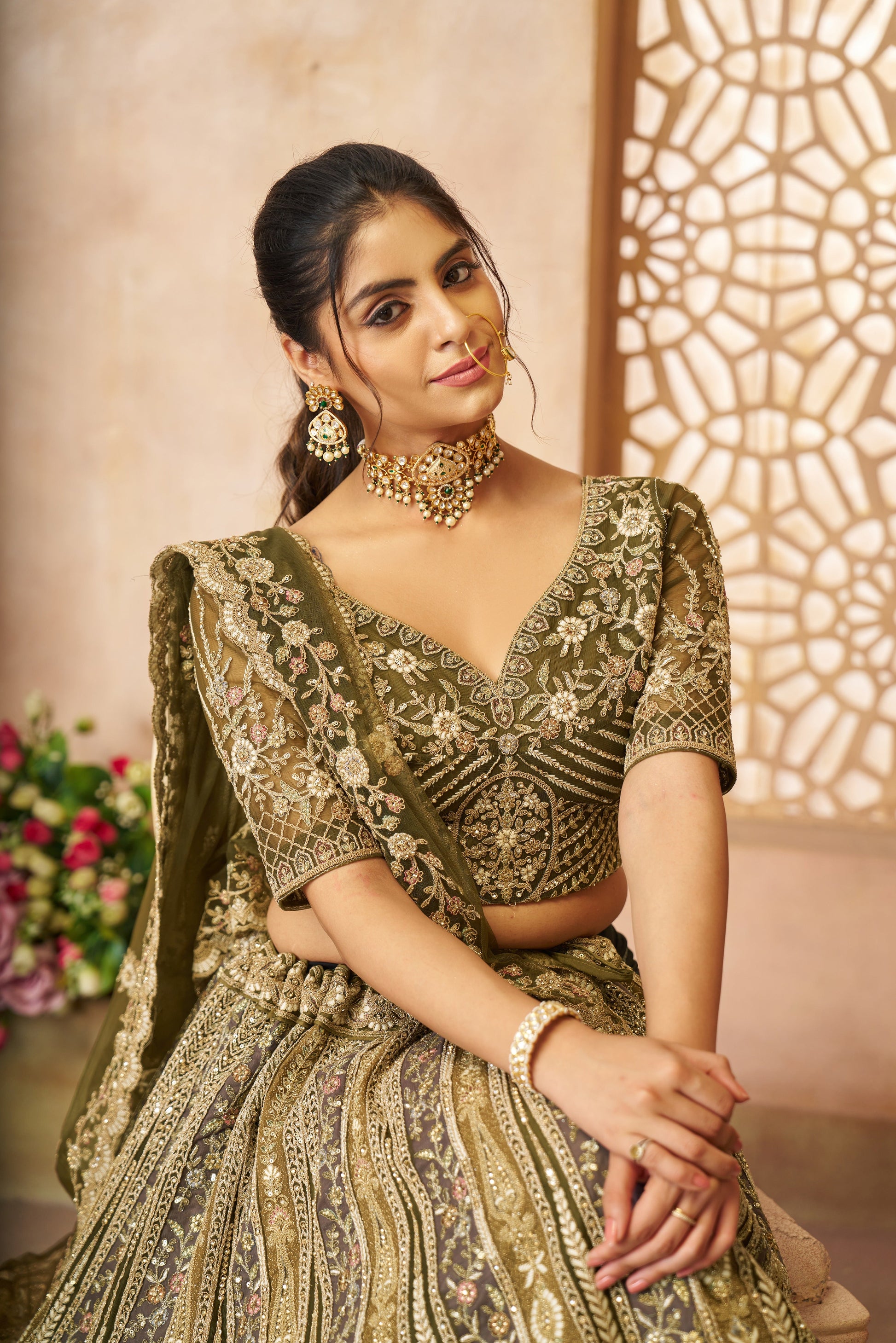 MEHENDI BRIDAL LEHENGA WITH INTRICATE THREAD EMBROIDERY