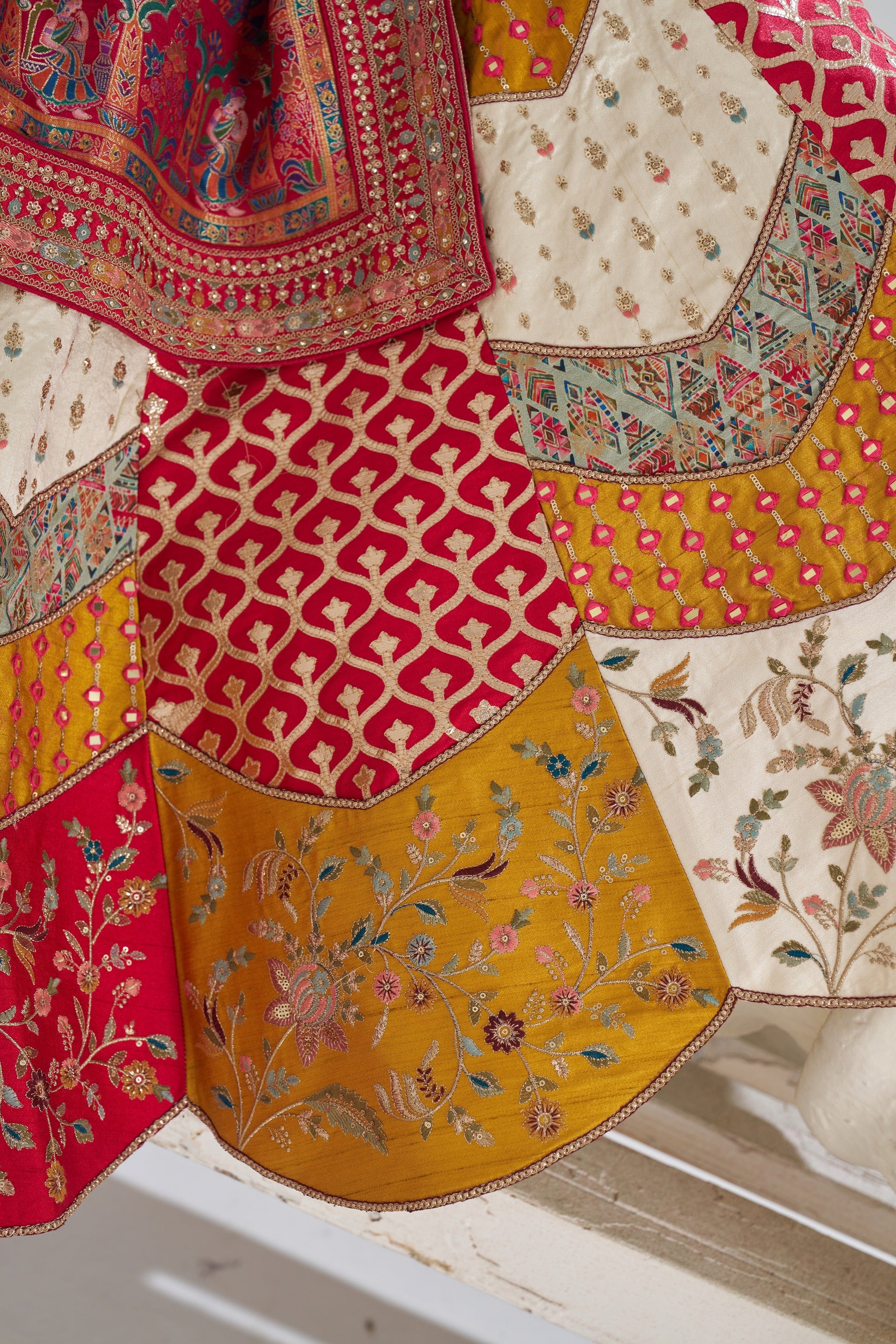 DESIGNER MULTICOLOR BANARASI BRIDAL LEHENGA WITH MOSAIC SCALLOP WORK