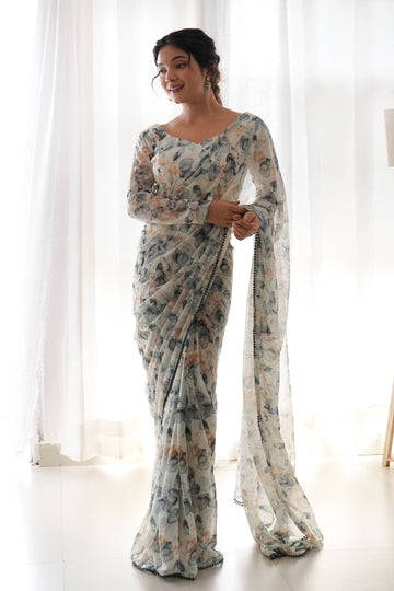 STEP UP YOUR STYLE GAME WITH THIS GORGEOUS CREAM LEAF PRINT CHIFFON SAREE