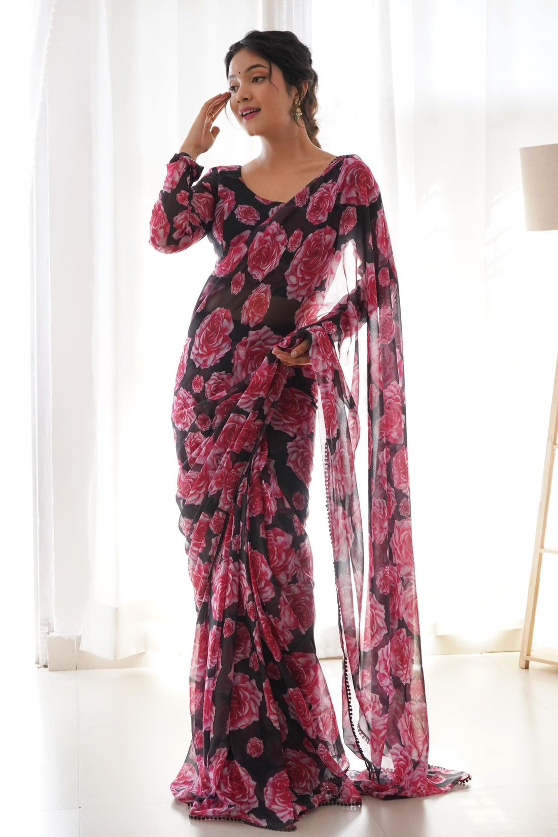 ELEGANT BLACK CHIFFON SAREE  WITH PINK FLOWER PRINT AND FULL SLEEVES STITCHED BLOUSE