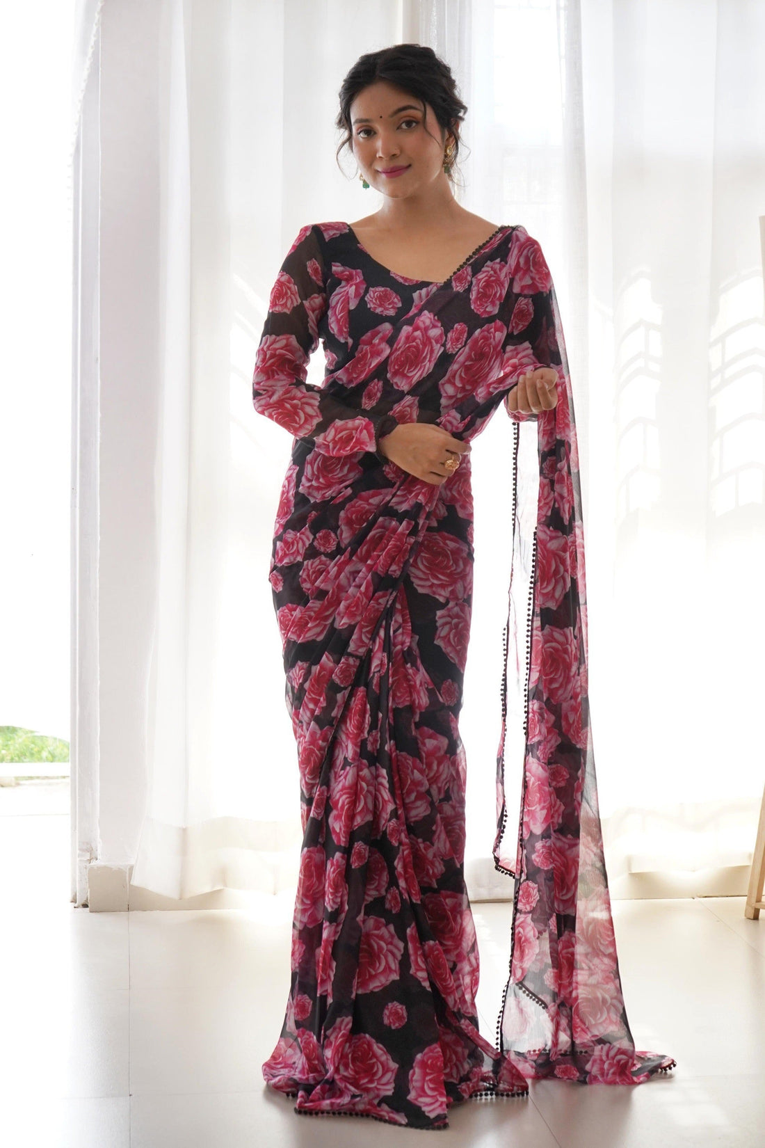 ELEGANT BLACK CHIFFON SAREE  WITH PINK FLOWER PRINT AND FULL SLEEVES STITCHED BLOUSE