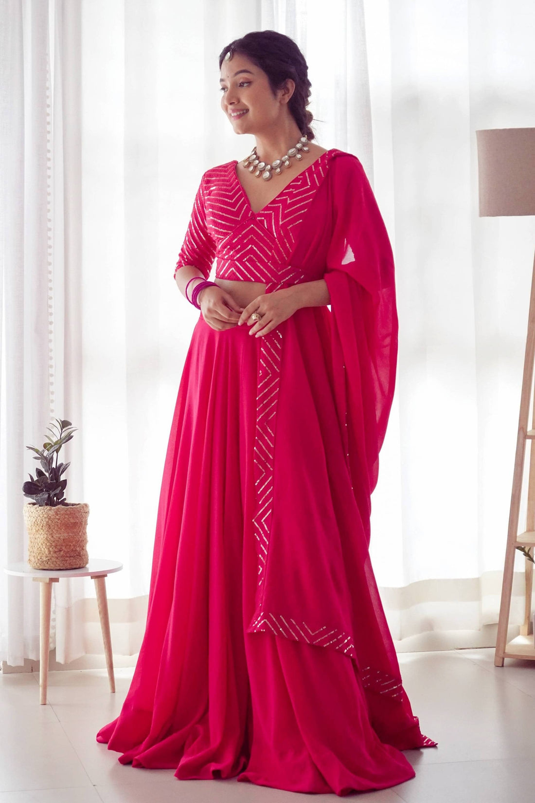 DAZZLE RANI PINK FULLY FLARED LEHENGA CHOLI WITH EMBROIDERED BLOUSE AND DUPATTA