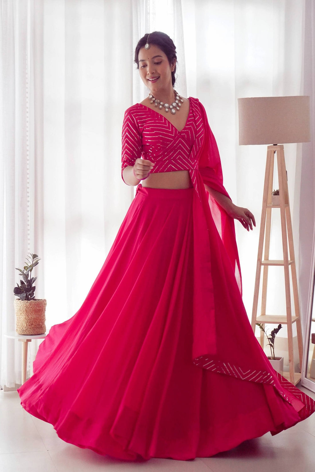 DAZZLE RANI PINK FULLY FLARED LEHENGA CHOLI WITH EMBROIDERED BLOUSE AND DUPATTA