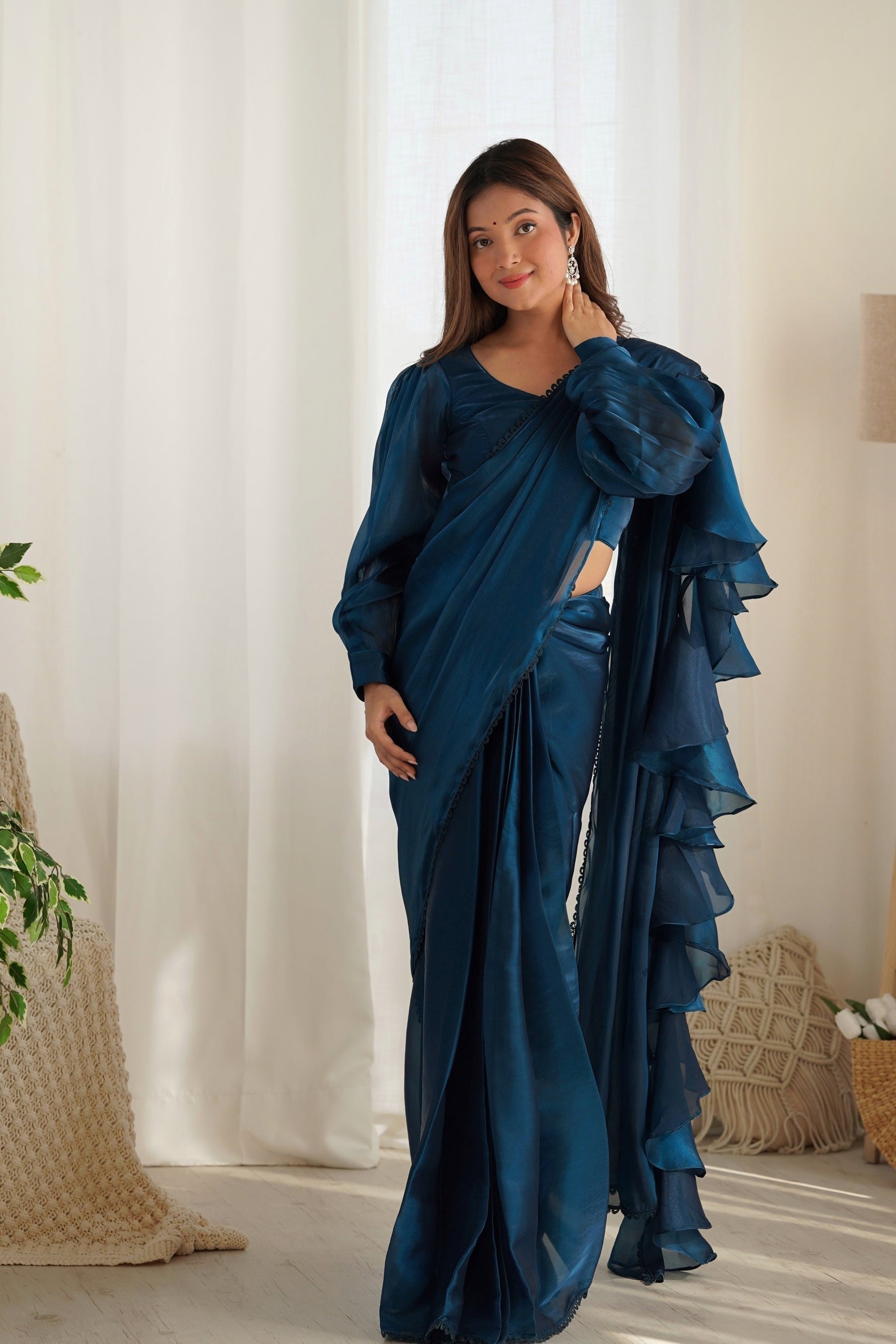BLUE COLOR PARTY WEAR PRE-WRAPPED RUFFLE SAREE