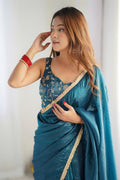 LUXURIOUS TEAL BLUE SAREE IN GOLD CRUSH TISSUE SILK