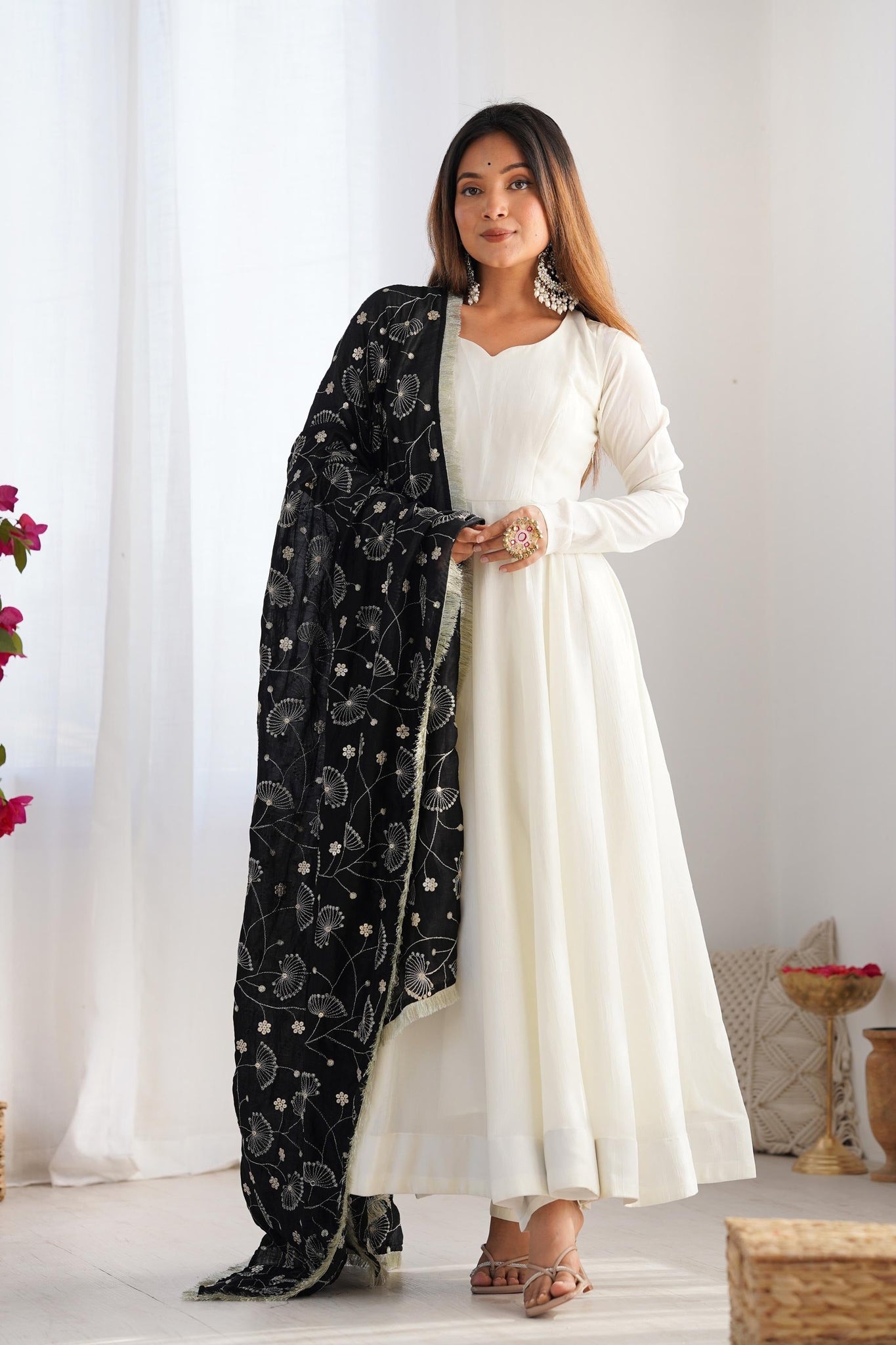 WHITE VICHITRA SILK ANARKALI SUIT SET