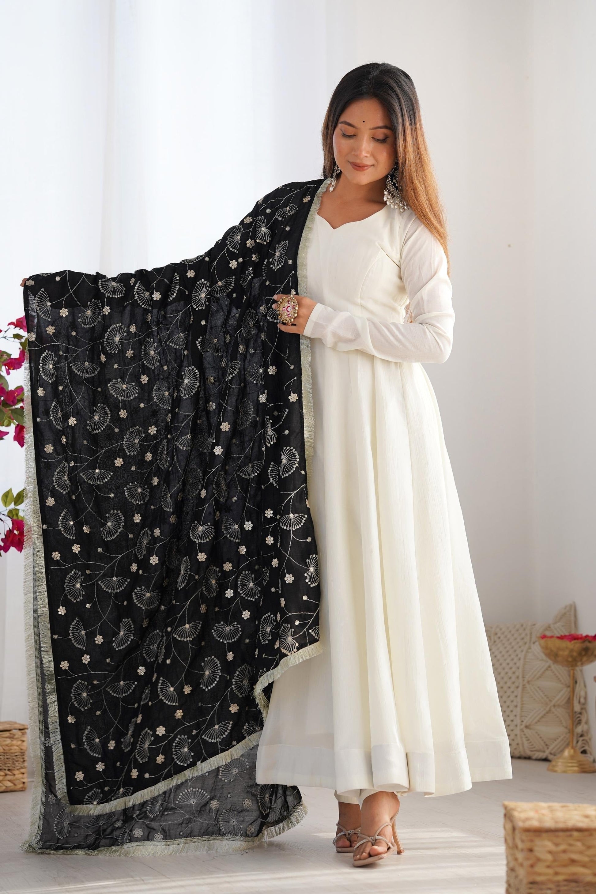 WHITE VICHITRA SILK ANARKALI SUIT SET