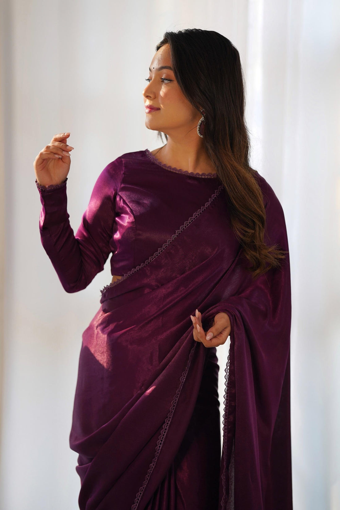 WINE VELVET READY-TO-WEAR SAREE WITH FULLY STITCHED BLOUSE