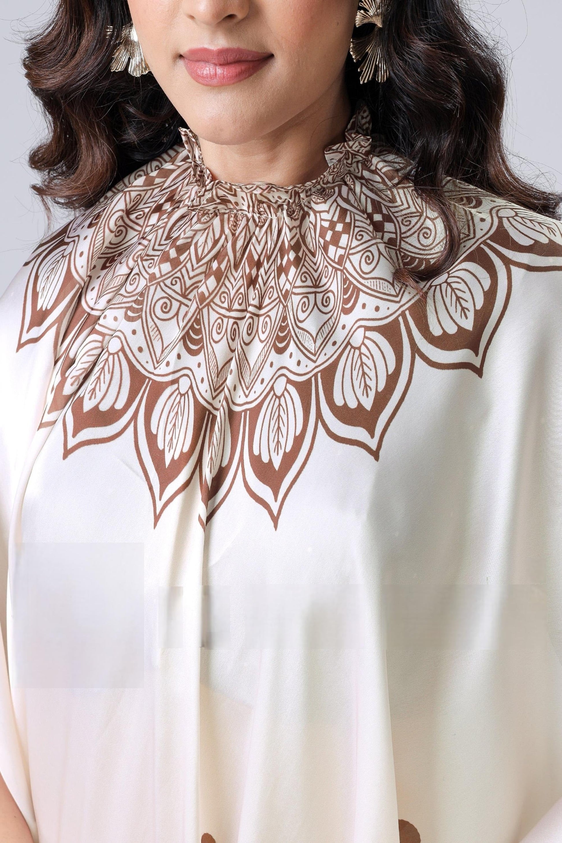 CREAM SATIN SILK MANDALA PRINT FREEHAND SAREE