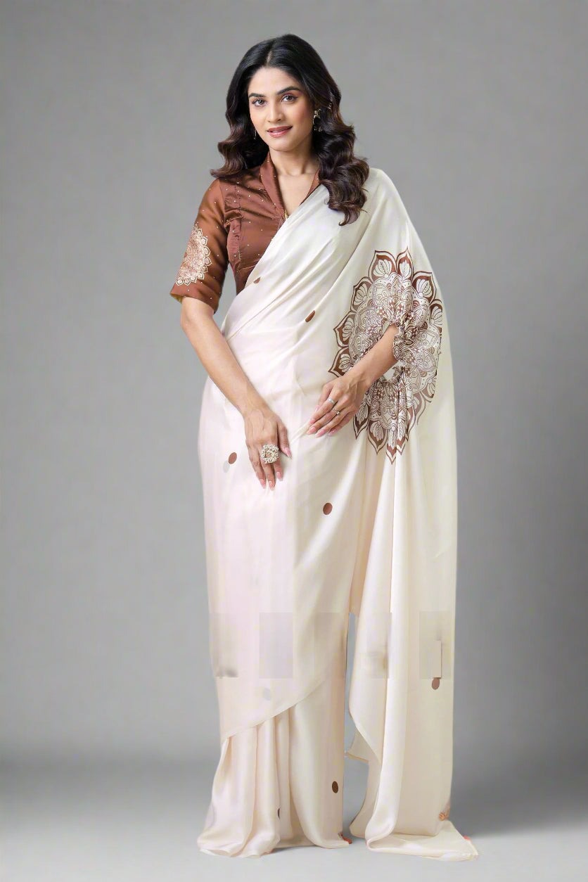CREAM SATIN SILK MANDALA PRINT FREEHAND SAREE