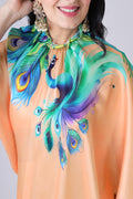 PEACH SATIN SILK PEACOCK PRINT FREEHAND SAREE