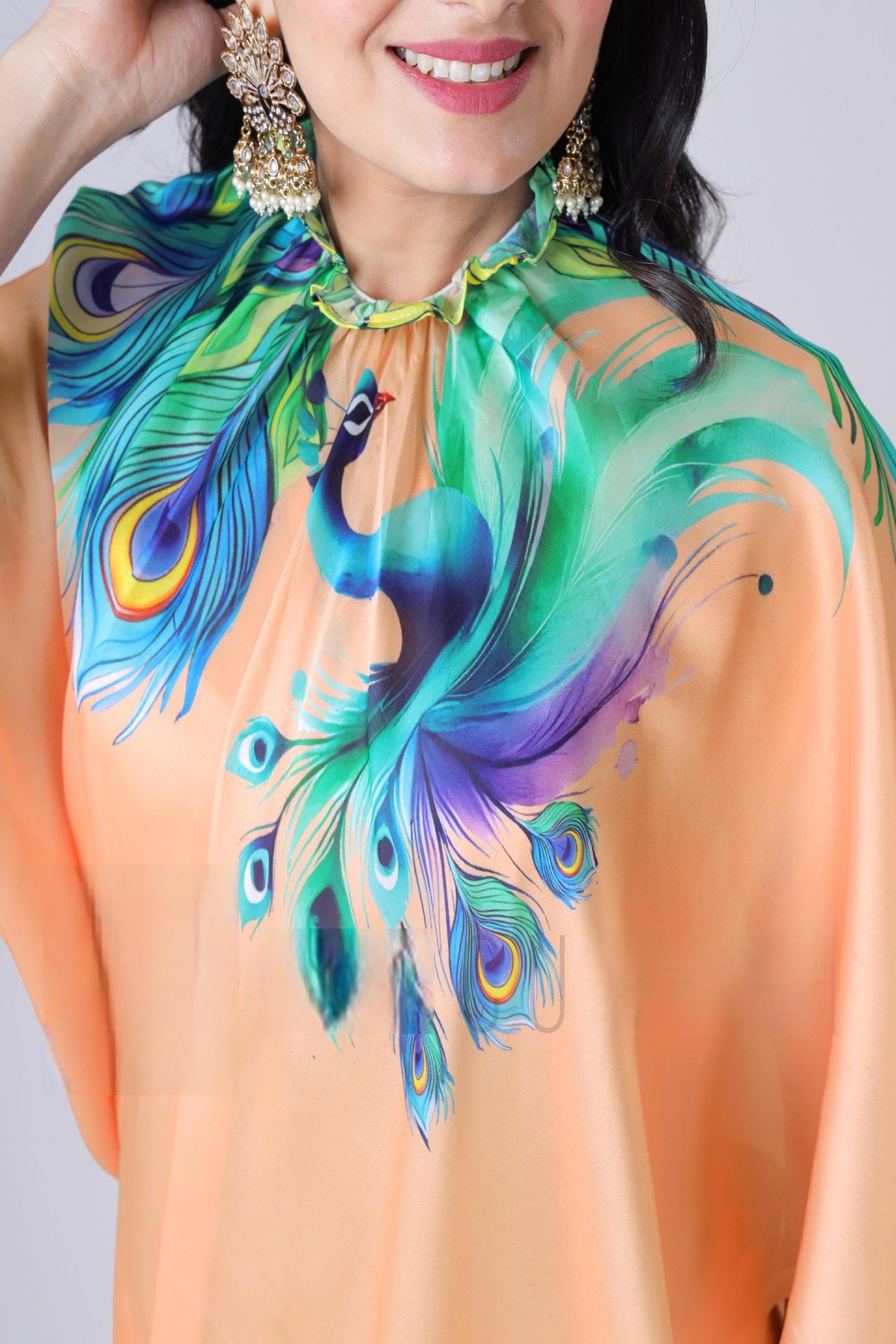 PEACH SATIN SILK PEACOCK PRINT FREEHAND SAREE