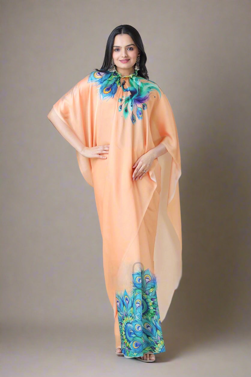 PEACH SATIN SILK PEACOCK PRINT FREEHAND SAREE