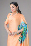 PEACH SATIN SILK PEACOCK PRINT FREEHAND SAREE