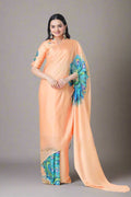 PEACH SATIN SILK PEACOCK PRINT FREEHAND SAREE