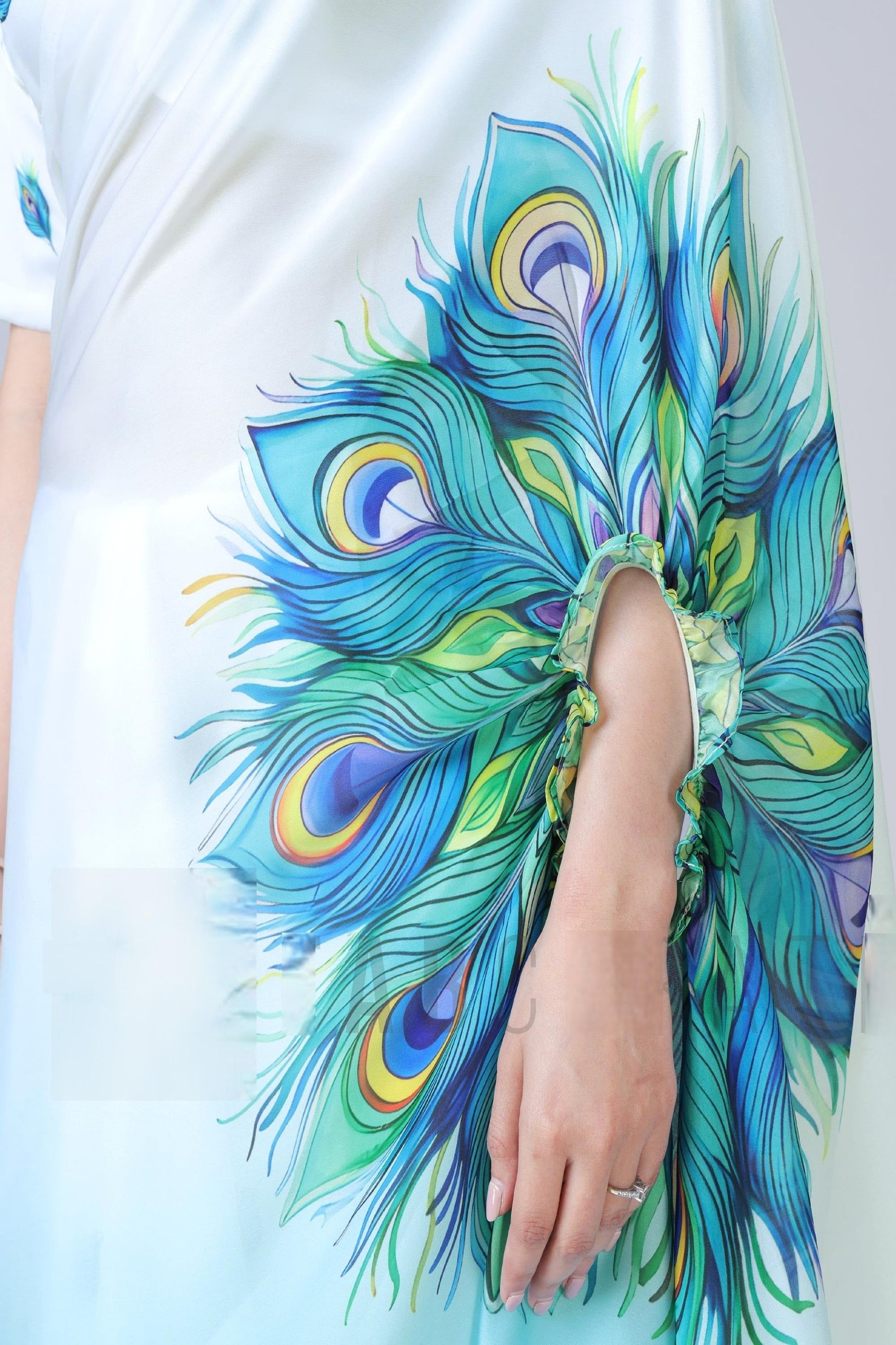 INNOVATIVE SATIN SILK PEACOCK PRINT FREEHAND SAREE